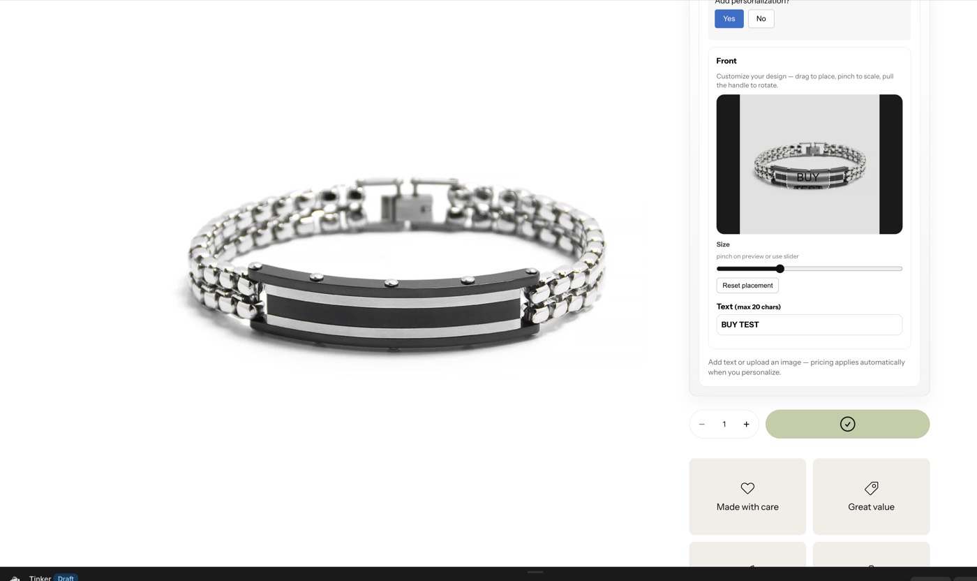 Bracelet product page with Souvely text personalization and a live engraving preview.