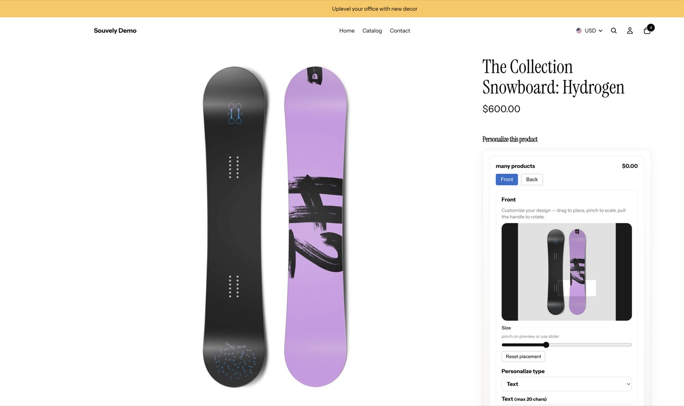 Shopify product page for a snowboard with Souvely text personalization, front and back controls, and a placement preview.