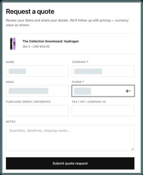 Quote request form with company, phone, purchase order, tax ID, and notes fields.