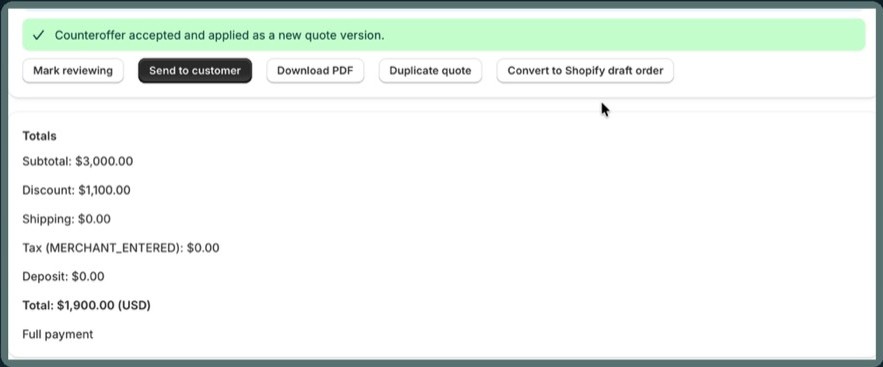 Merchant quote screen in Souvely Quotes with review, send, PDF, duplicate, and convert to Shopify draft order actions.