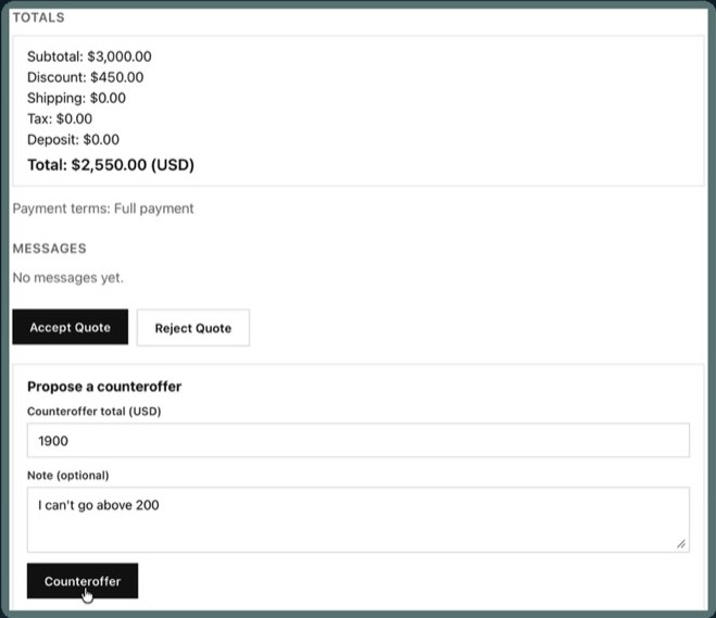 Customer quote portal showing a counteroffer of $1,900, a buyer note, and accept and reject actions.