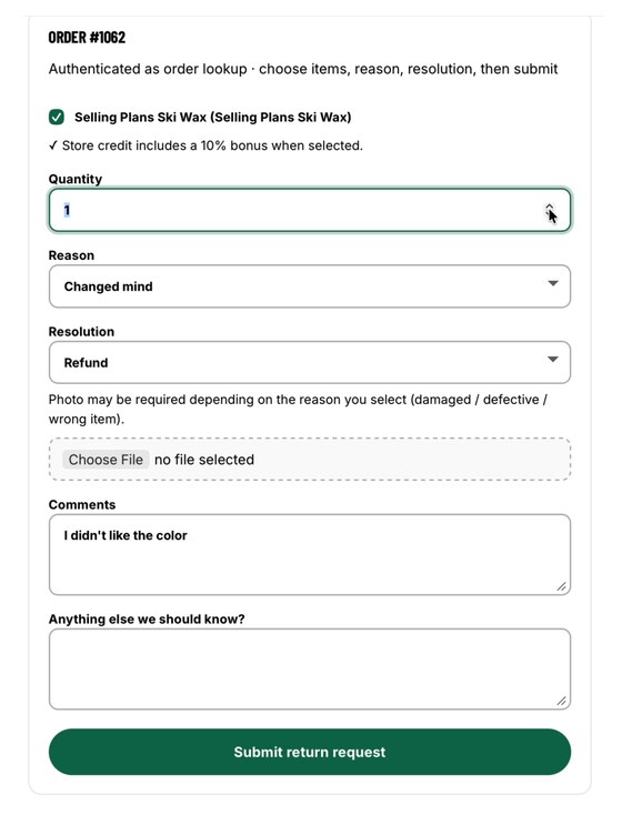 Souvely returns portal for an order, with a reason, refund resolution, comments, and a submit button.